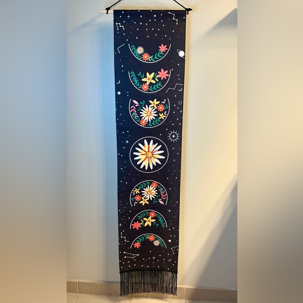 Long Tapestry Black Boho Wall Hanging Floral Moon Phase Design with Fringe